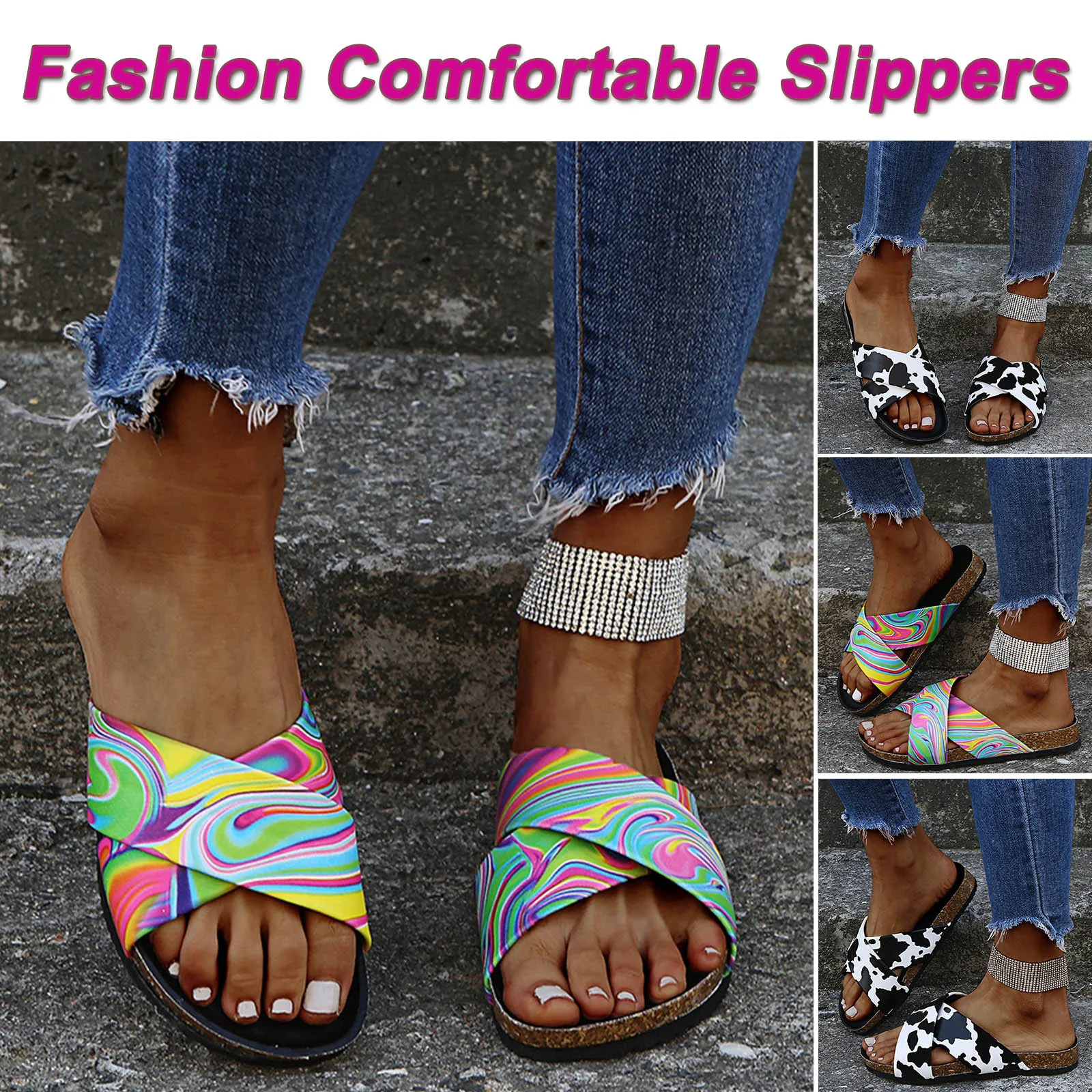 

2021 Women Fashion Casual Multicolor Open Toe Outdoor Beach Flat Slippers Shoes Women Slipper Summer Bowknot New Thick Bottom