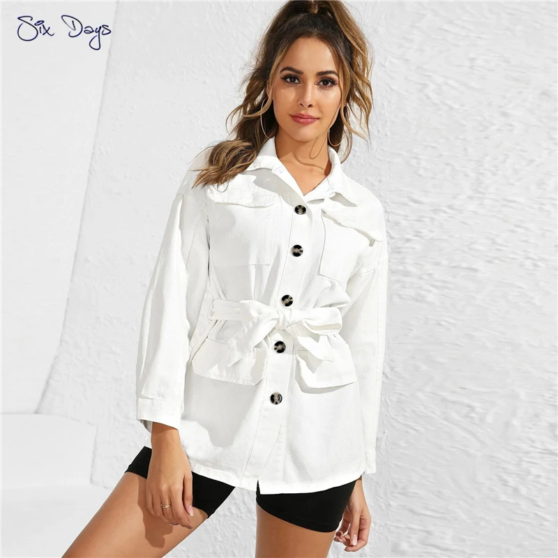 

Spring Women Fashion Lace Up White Denim Jacket Coat Vintage Long Sleeve Female Outerwear Chic Tops Chaqueta Mujer Veste