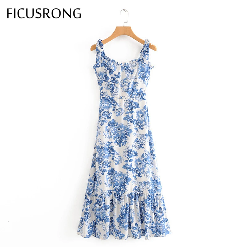 

women's 2021 new porcelain printed slim long camisole dress sleeveless spaghetti strap summer ball gown dress