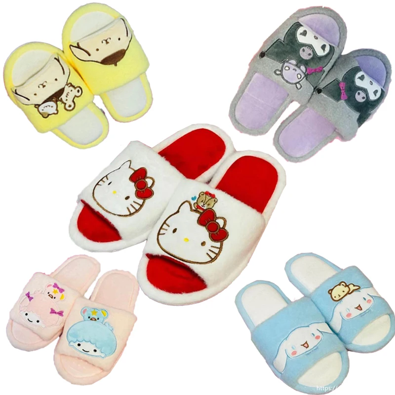 

36-39Size Sanrios Cartoon Kawaii Kuromi Mymelody Pompom Purin Cinnamoroll Home Dormitory Slippers Floor Slippers Plush Slippers