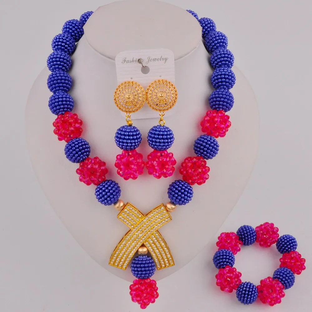 

Royal Blue and Fuchsia Pink Nigerian Wedding African Beads Jewelry Set Women Costume Necklace SP-2-10