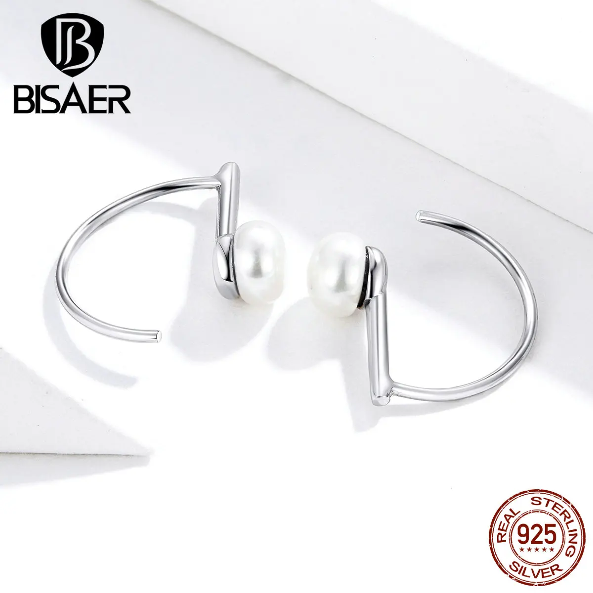 Свадебные серьги BISAER 925 пробы серебряные геометрические жемчужные серьги-гвоздики для женщин Роскошные ювелирные изделия ECE604-A
