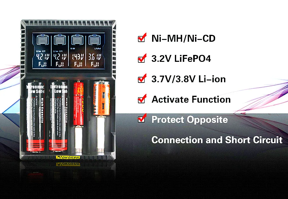 Оригинальный NOKOSER D4 Digicharger LCD интеллектуальная схема Global Insurance Li Ion 18650 14500 16340 26650