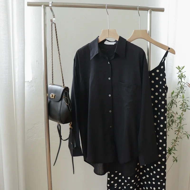 Винтажная рубашка в гонконгском стиле с длинным рукавом Женская Однотонная