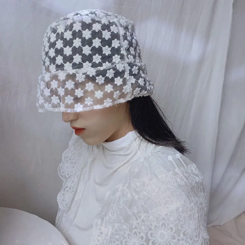Johnature 2021 New Mystery Lace Embroidery Fluoroscopy Bucket Hat Korean Fashion All Match Solid Color Mech Women Hats
