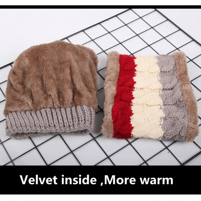 

New Winter Women's Velvet Wool Hats Twist color matching Beanies Skullies Hat Female Riding Bib Knitted Hats Sets Wholesale