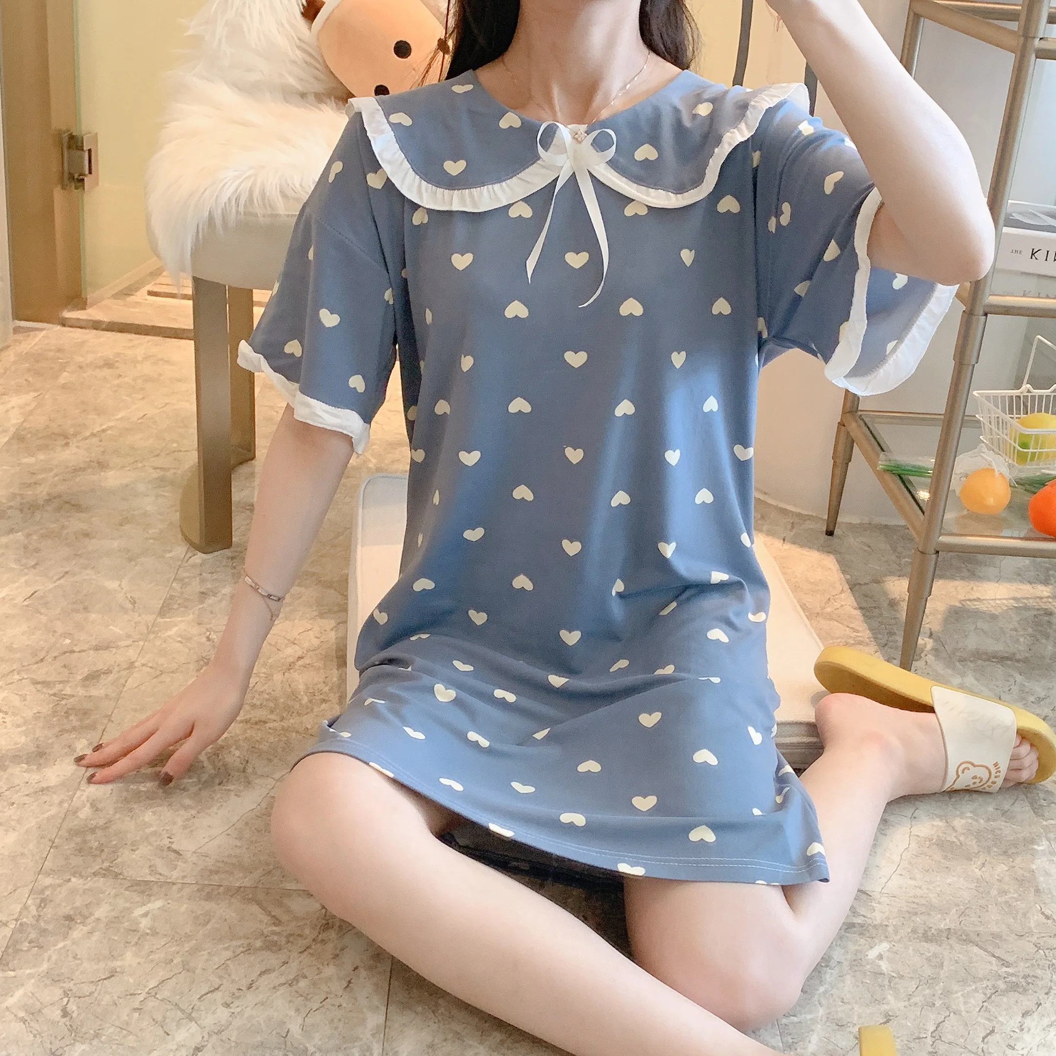 

WAVMIT 2021 New Women Nightgown Thin Cotton Sleepwear Shirt Short Sleeve Pyjamas Young Girl Short Nightdress Cute Nightdress