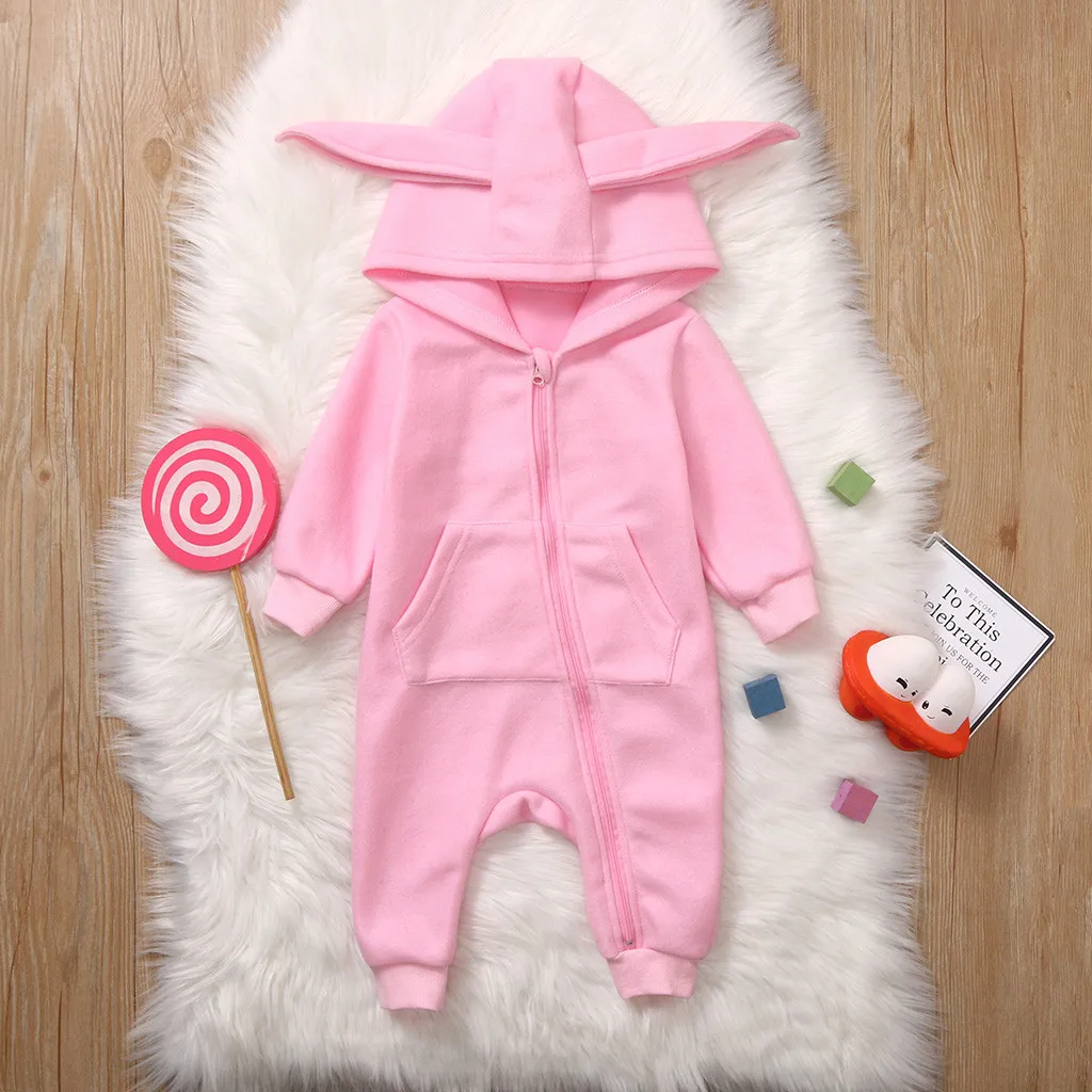 Детский однотонный комбинезон с капюшоном и кроличьими ушками | Детская одежда