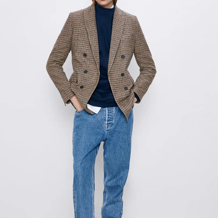

Women Elegant Plaid Blazer Suit Long Sleeve Double Breasted Slim Checked Coat Formal Office Work Jacket Houndstoot Outerwear