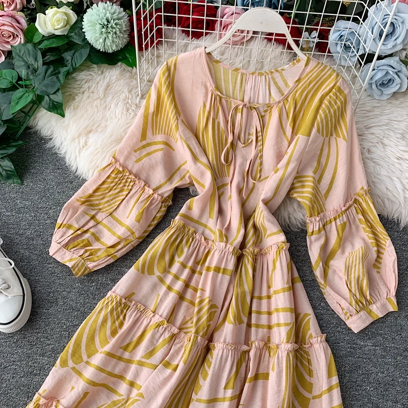 Праздничное пляжное женское Повседневное платье на шнуровке с круглым вырезом