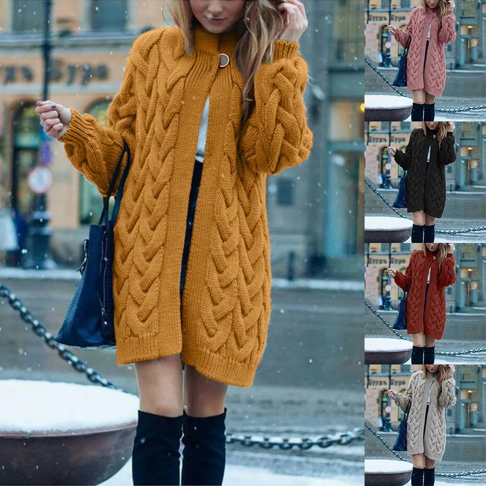 

HEFLASHOR 2021 Twist Women's Cardigans Knitted Winter Coat Vintage Slim Holiday Solid Color Slim Long Cardigan Female Knitwear