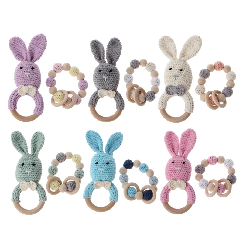 

2Pcs Baby Round Wooden Teether Bracelet Cute Crochet Bunny Teething Ring Chewing Toy