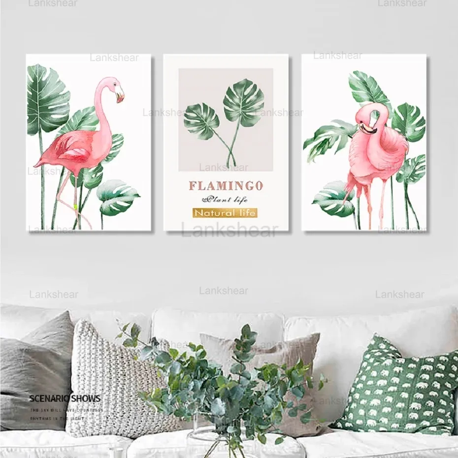 Скандинавская Картина на холсте с изображением розового фламинго и зеленых