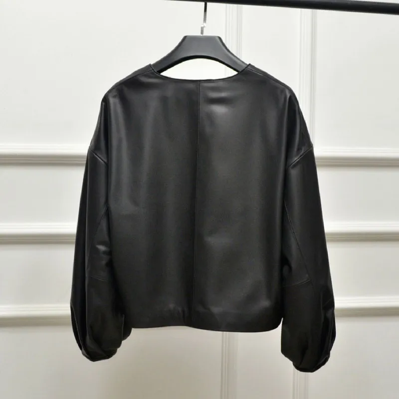 

Autumn 2021 New Loose Sheepskin Leather Coats Jackets Ladies Women Round Collar Genuine Leather Short Overcoat Plus Size