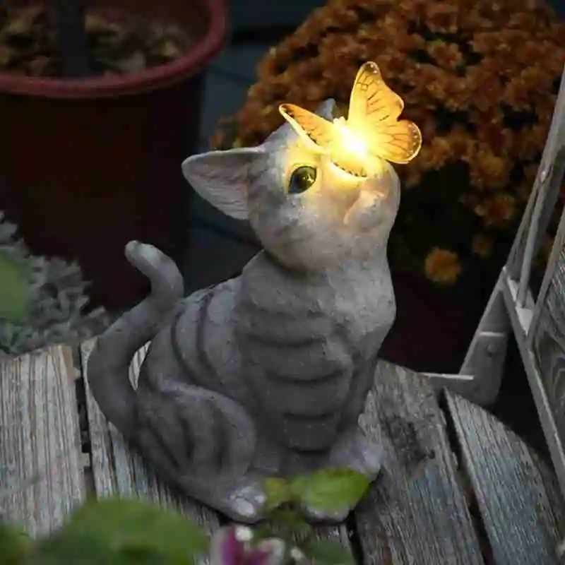 

Balcony Garden Decor Cute Cat Ornaments with Solar Lights Outdoor Creative Resin Animal Sculptures Home Decorations Accessories