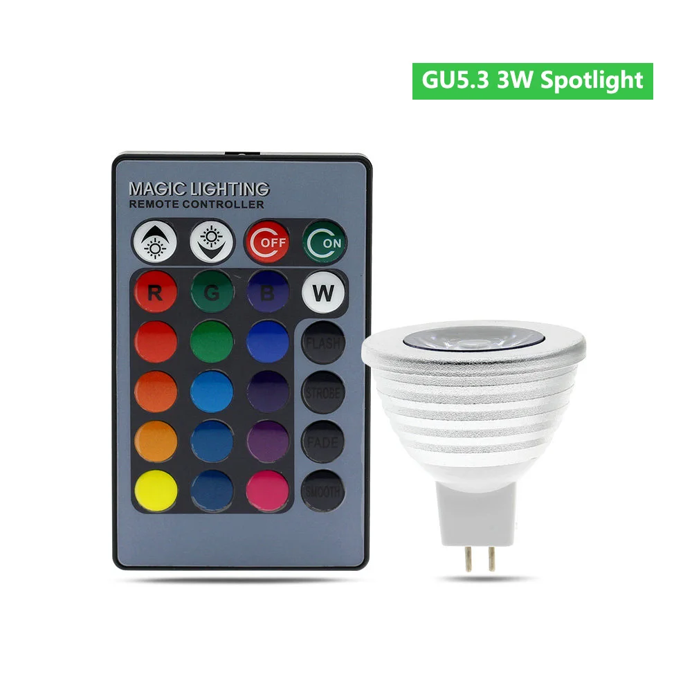 Цветная(RGB светодиодный лампы E27 E14 GU10 волшебный Светильник лампы 110V 220V 16 Цвет меняющийся светодиодный сценические лампы RGB Светодиодный точечный светильник+ 24-кнопочный ИК-пульт дистанционного управления Управление - Испускаемый цвет: GU5.3 3W Spotlight