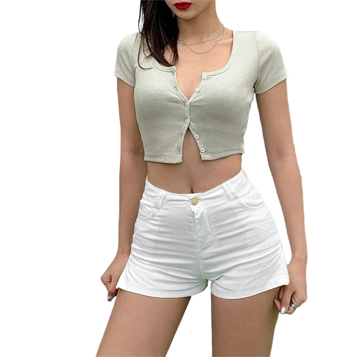 

AA Women Blouse Knitted Short Tops Summer Button Clothes Plain Short Sleeve Blouse Casual Ladies Cothing