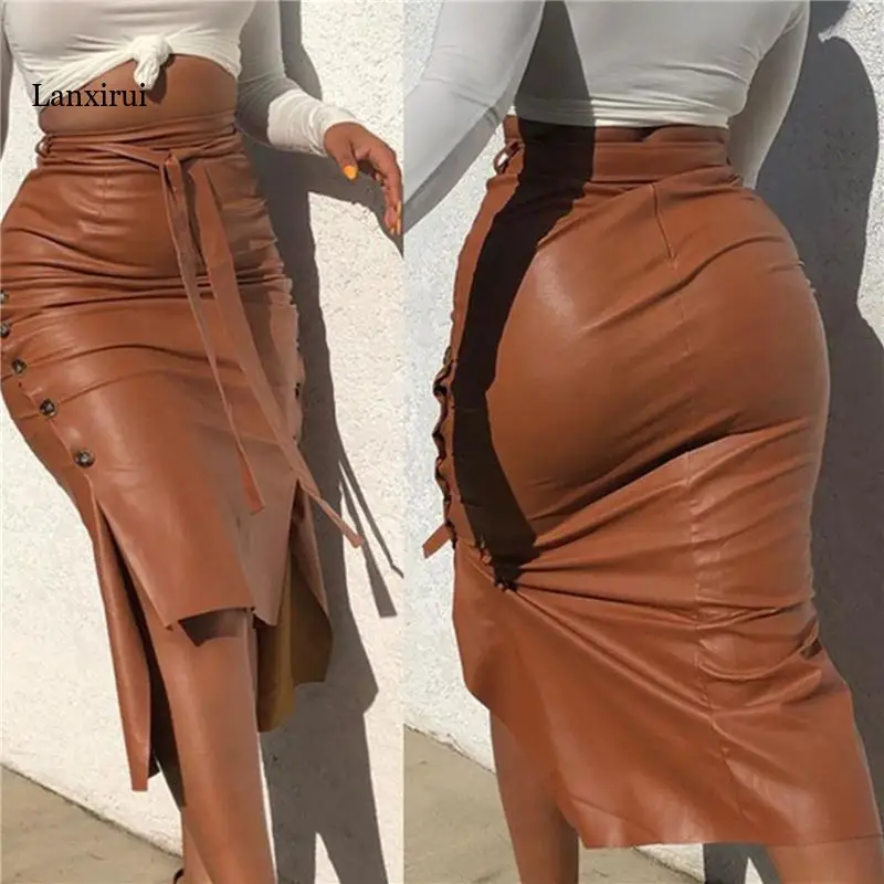 

Fashion Trend Women Faux Leather Midi Skirt High Waist Button Trim Solid Color Slit Bodycon Pencil Skirt Buttoms with Belt
