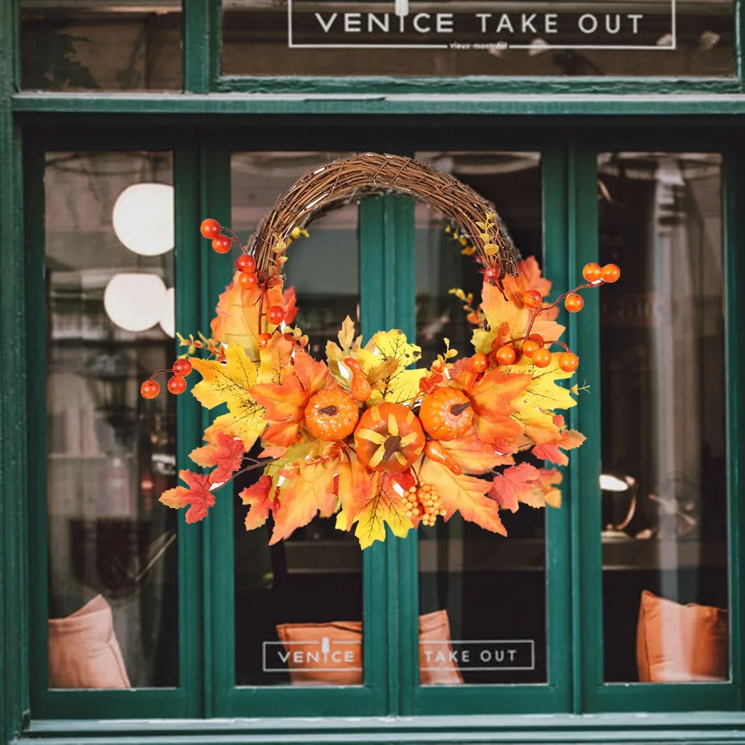 

Maple Pumpkin Door Hanging Thanksgiving Autumn Harvest Decoration Rattan Circle Simulation Maple Pumpkin Decoration