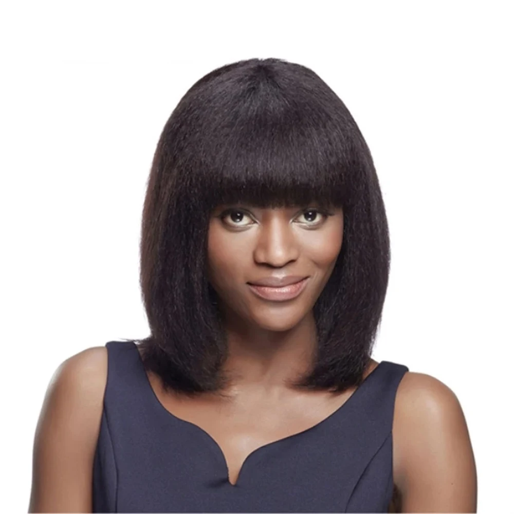 Yaki Straight Bob Wig with Bangs Virgin Indian Remy Human Hair Wig Kinky Straight Full Machine Wig Natural Black for Women