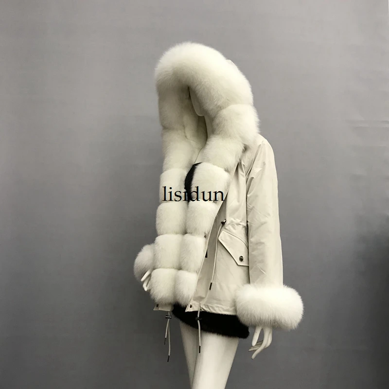 LISIDUN настоящая меховая Парка женская зимняя куртка натуральный Серебряный лисий мех пальто с капюшоном настоящая подкладка из кроличьего меха куртка женская шуба