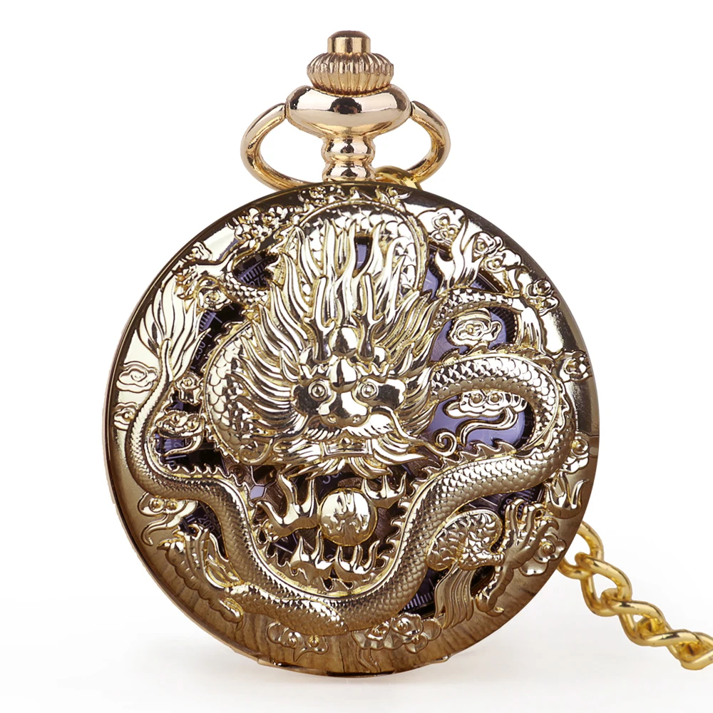 Luxury Gold Bullish Dragon Steampunk Mechanical Pocket Watch Retro Gentleman Necklace Pendant Fashion Accessories Clock