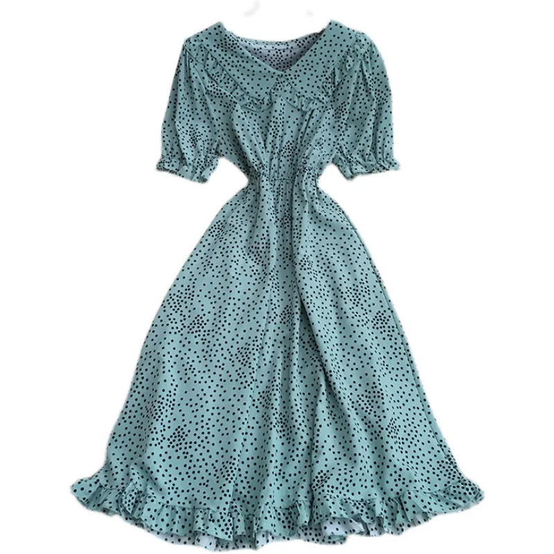 

2021 New Summer French V-neck short sleeve Dress Edible Tree Fungus edge high waist pleated Polka Dot mid-long A-line Dress