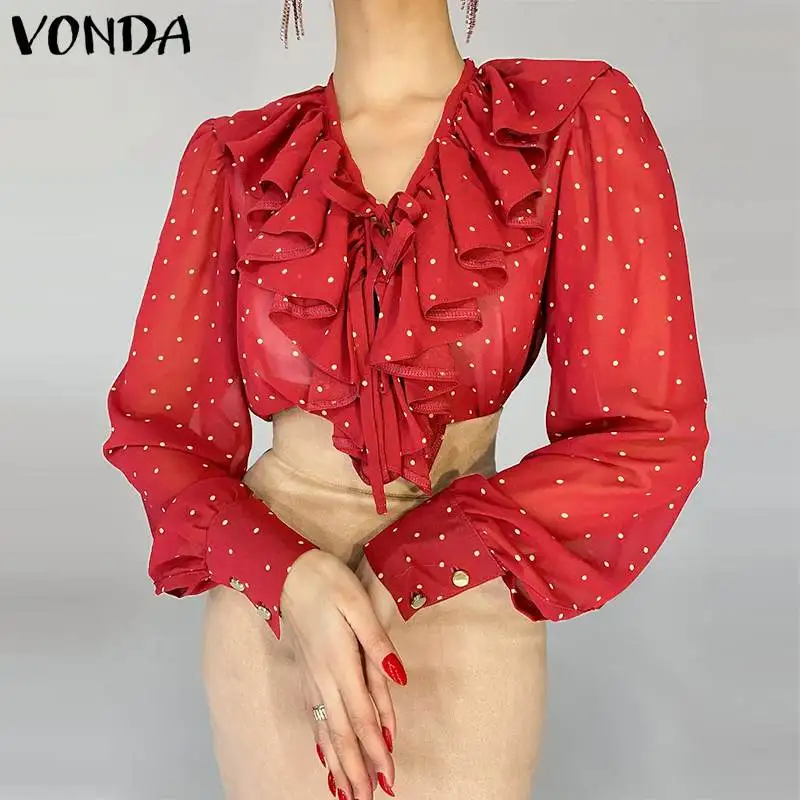 

VONDA 2021 осенние модные топы в горошек с длинным рукавом, женская блузка, сексуальные блузки с V-образным вырезом и оборками, женские элегантны...