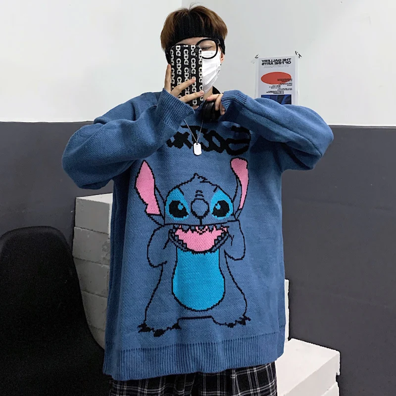 

Harajuku Cartoon Pattern Sweater Winter Sweater Women College Sweater Loose Round Neck Knitted Sweater Vintage Man Sweater Thick