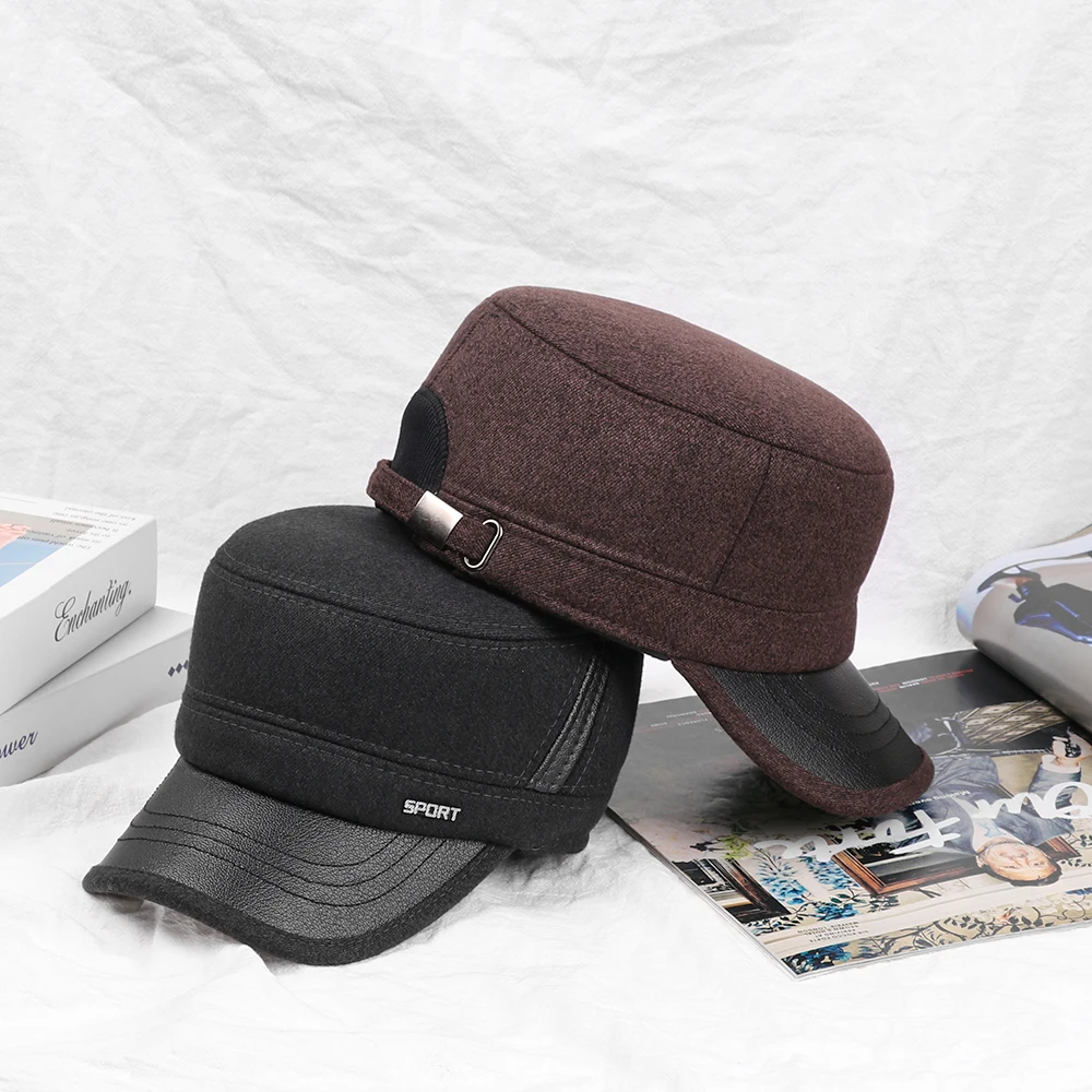 Шерстяные плотные мужские плоские шапки военная шапка с ушанками Мужская