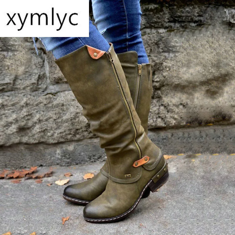 

Women Boots Western Cowboy knee-high Punk Low Thick Heel Side Zipper Female Ladies Shoes Winter Shoes Winter Boots Women