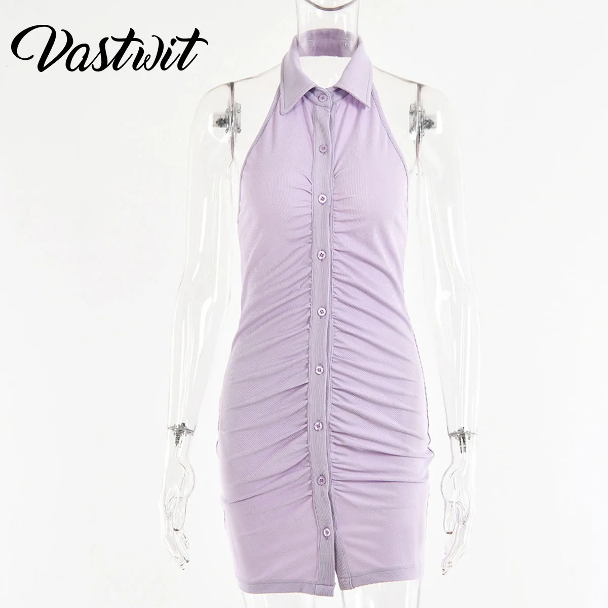 

Black Backless Halter Ruched Mini Dress Women Elegant Sleeveless Single Breasted Skinny Dress 2021NEW