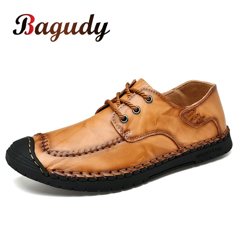 Hot Sale Leather Men Flats Shoes Hand Sewing Men Oxfords Zapatos Hombres Trendy Men Leather Lace Up Shoes High Quality Moccasins
