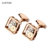 lepton rose gold square framed steampunk gear watch mechanism cufflinks for men business wedding cuff links relojes gemelos