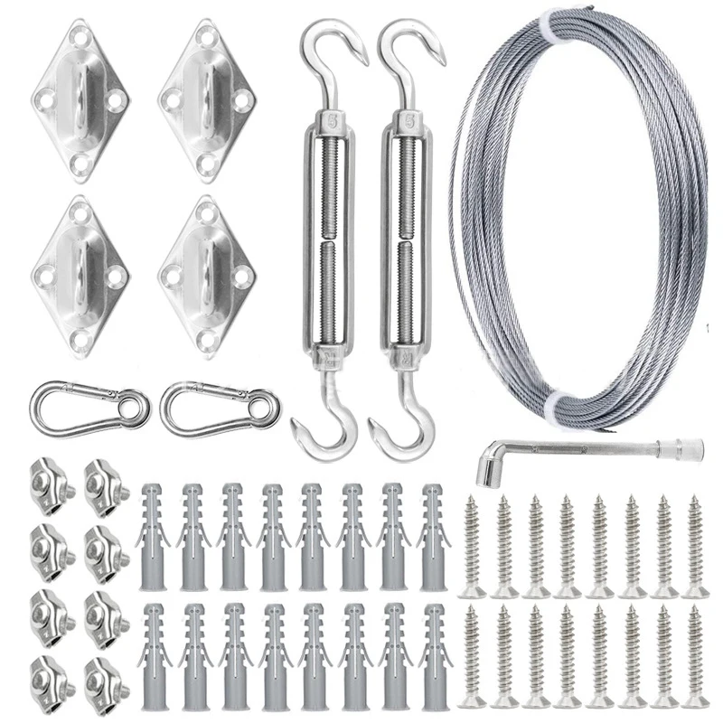 

50Pcs 15M 5mm Stainless Steel Clothesline Wire Rope Kit Square Four-corner Buckle Turnbuckle Screws