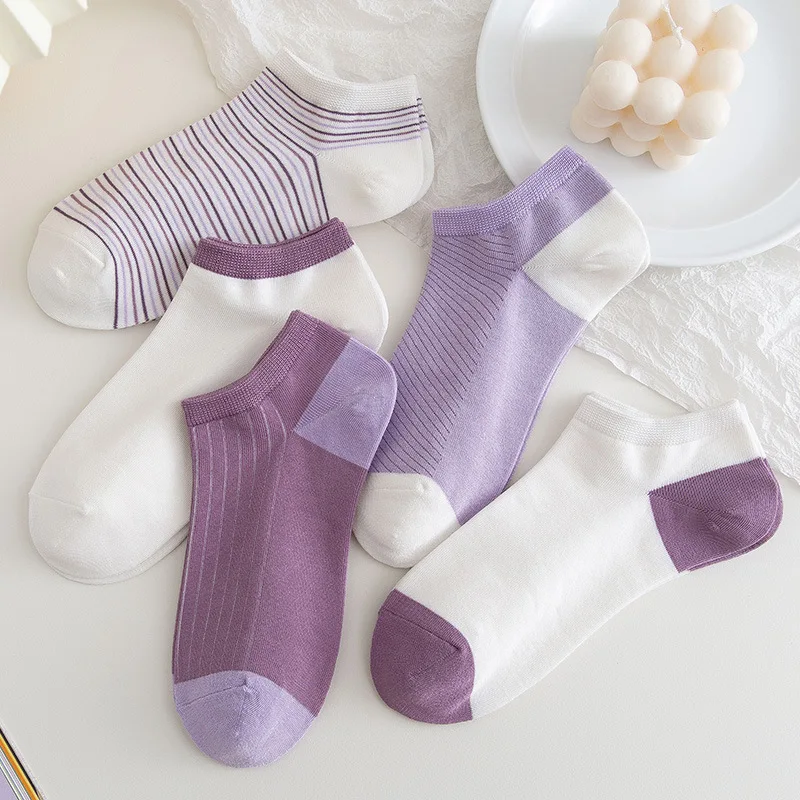 

Socks women's sweet grape purple color matching striped socks female spring thin section Japanese cute ins cotton boat socks