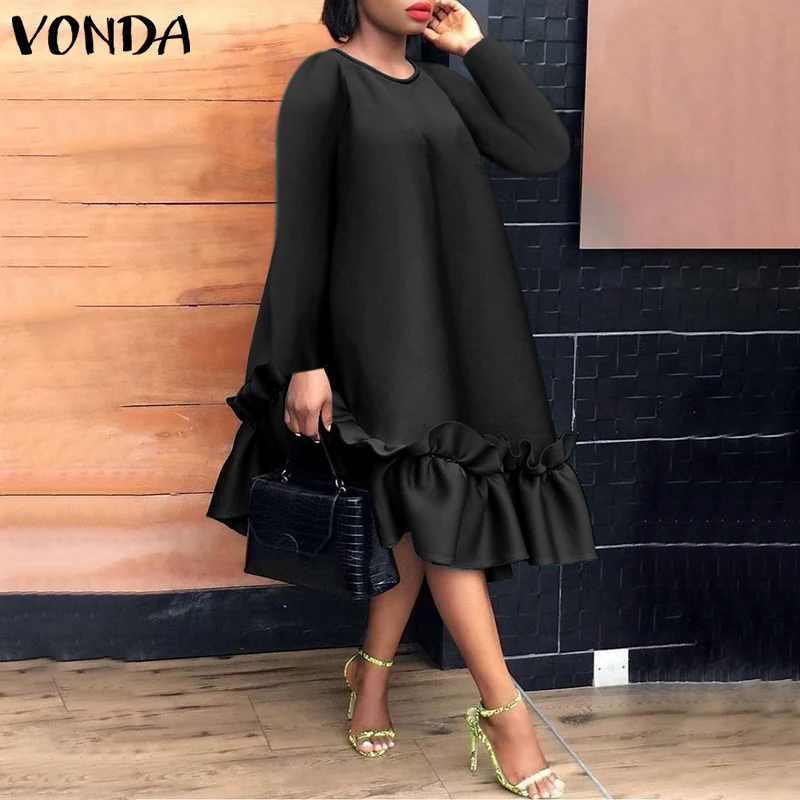 

Autumn 3 Colors Satin Slik Dress Casual O Neck Long Sleeve Ruffled Hem Vestidos VONDA Women Bohemian Vestidos Loose Sundress