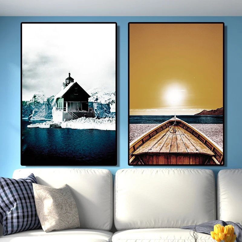 Картина на холсте для гостиной HD Золотая лодка и закат дом в снегу картина