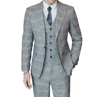 jacket vest pants luxury plaid fashion groom wedding dress stage suit 3 piece set mens business casual gray suit tuxedo