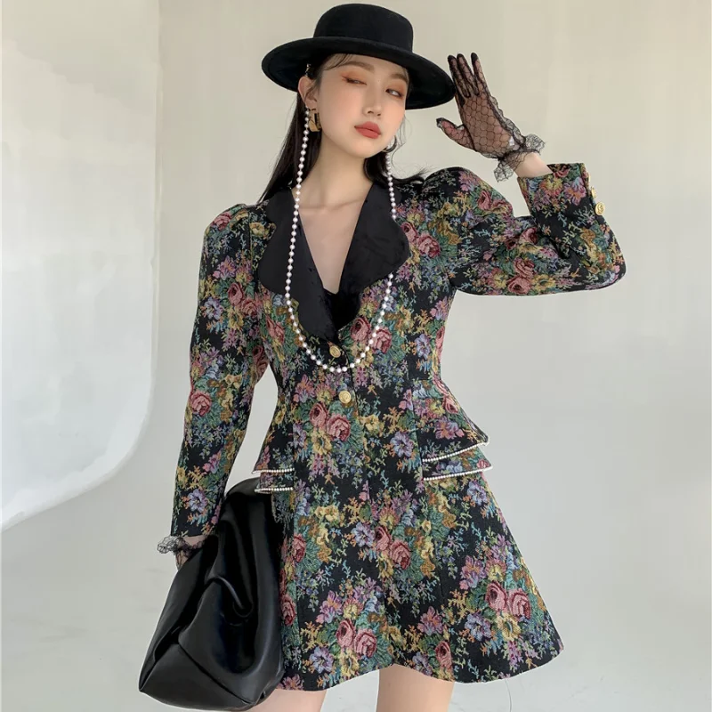 

Kimotimo 2021 Fashion Long Sleeve Dress French Floral Puff Sleeve Design Waist A-Line Button Up Mini Dress Elegant Vestidos