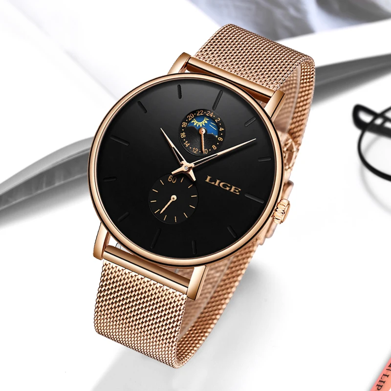 Часы LIGE Reloj Женские кварцевые люксовые брендовые простые водонепроницаемые