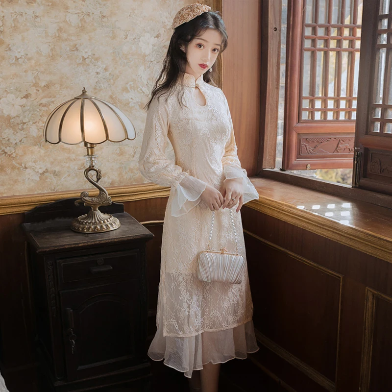 

Mid-calf Beige Lace Long Women Dress Elegant Full Sleeve Fairy Fit and Flare Cheongsam Evening Party Dresses 2021 Summer