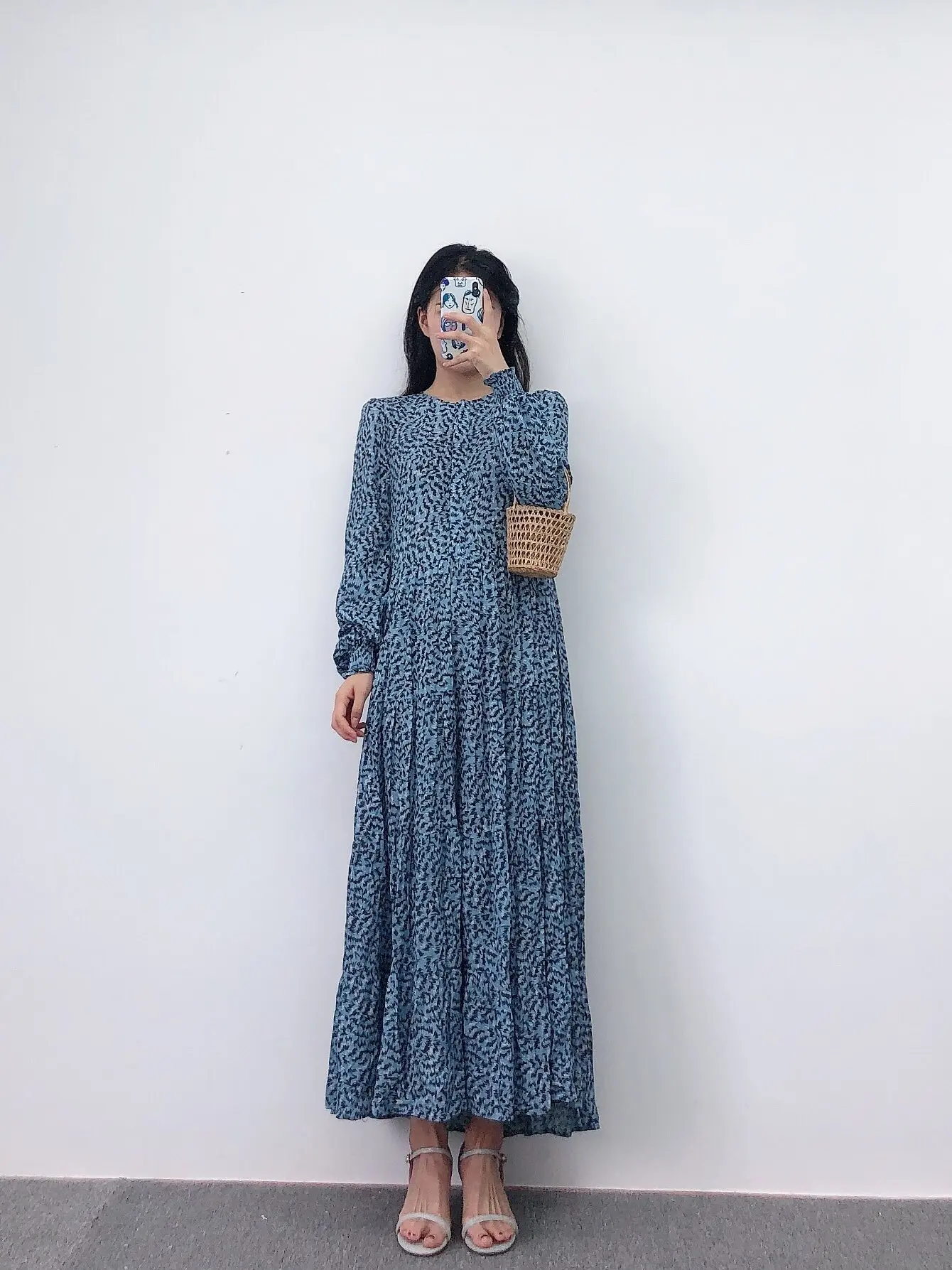 Винтажное богемное Голубое Платье макси с цветочным принтом женское осеннее