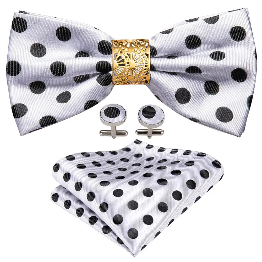 

White Dot Silk Bow Tie For Men Wedding Accessorie Adjustable Butterfly Handky Removable Gold Ring Set Barry.Wang Men Gift