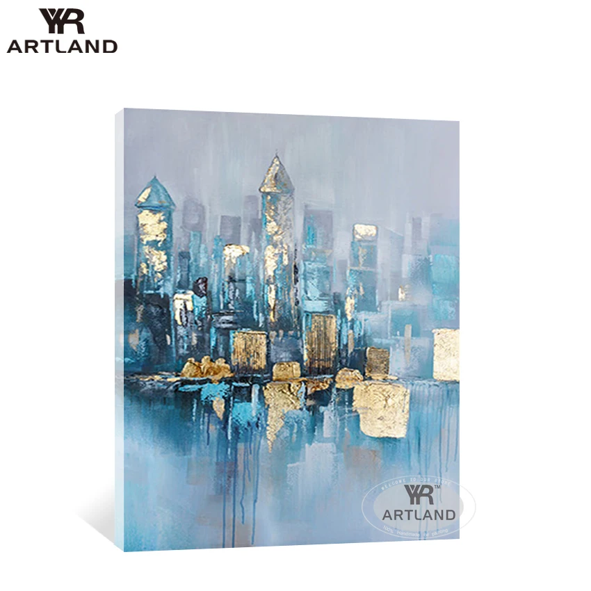Современная абстрактная картина маслом золотой город ручной работы настенный