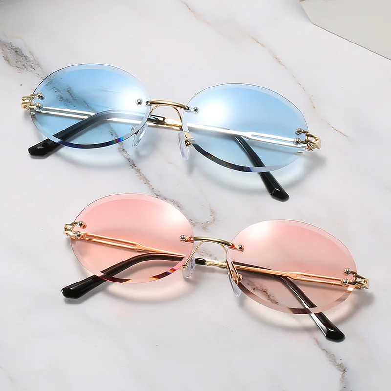 

2021 Spring Summer Rimless Sunglasses Trendy Unisex Protection Eyewear Outdoor Driving Metal Legs Oval Shape UV400 Brand Design