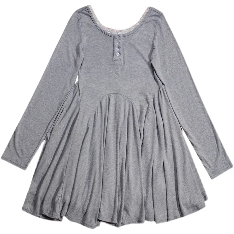 

Pleated Knitted Dress Women Lace Trim Neck Long Sleeve A-line Mini Dresses Big Hem Korean Style Dress with Shorts Women Outfits