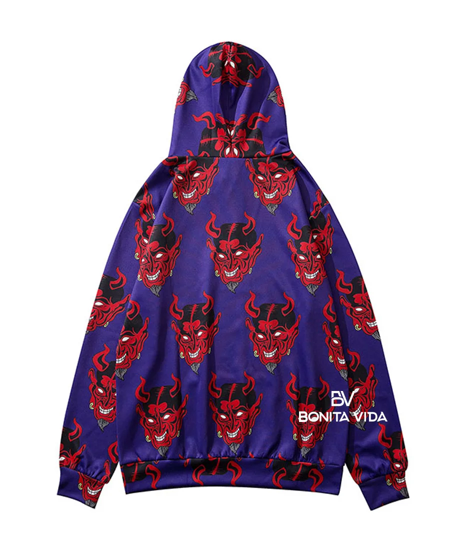Bonita Vida Devil напечатаны хип-хоп толстовки для мужчин мода уличная Harajuku японский Ukiyo E Гавайский фиолетовый Свитшот
