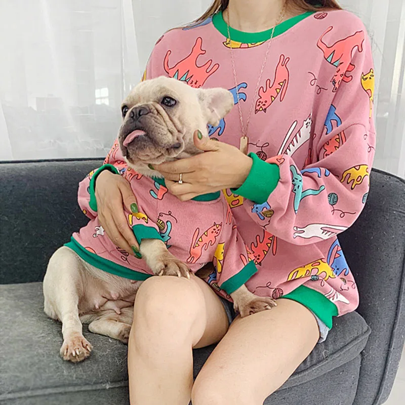 HSWLL spring and autumn small dog cat pet clothing blue Teddy sweater cartoon adult shirt French bulldog parent-child | Дом и сад