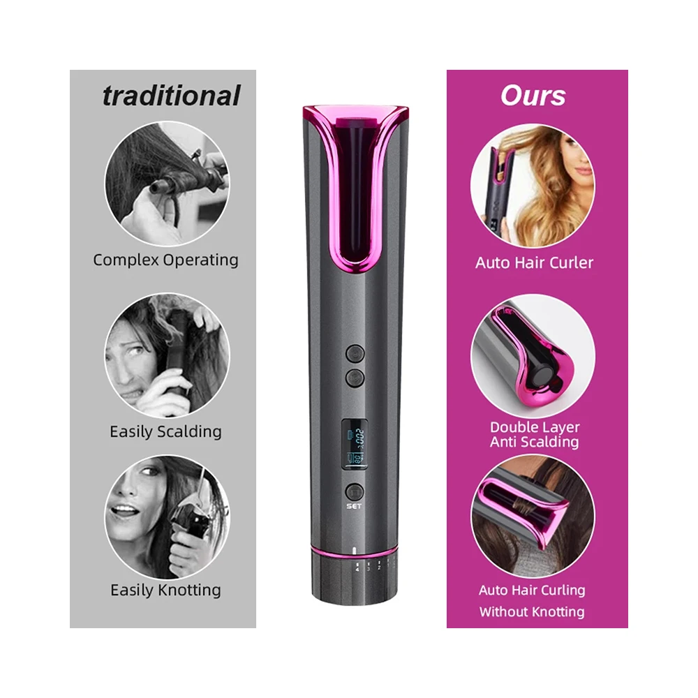 

LCD Cordless Automatic Hair Curler USB Rechargeable Curling Iron Curls Waves Display Ceramic Curly Rotating Curling Wave Styer